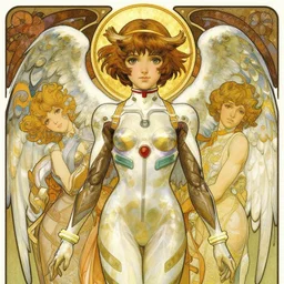 rei ayanami, lain iwakura, rei ayanami plug suit, female anime character, realistic detailed painting of a 1 6 - year old girl who resembles millie bobby brown, as an angel with a golden halo wearing intricate, detailed art nouveau armor and silk, by alphonse mucha, ayami kojima amano, charlie bowater, karol bak, greg hildebrandt