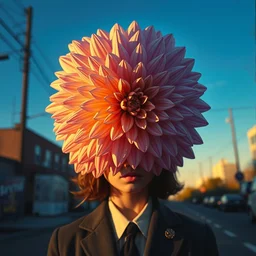 closeup giant dahlia flower head, girl in a suit, street, surreal photography, blue sky, sunrise, dramatic light, impressionist painting, digital painting, artstation, simon stalenhag