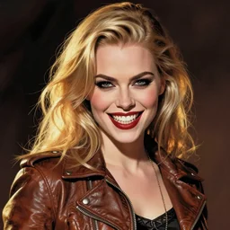 in the style of Rafael Albuquerque comicbook cover art, Samara Weaving vampire, sharp teeth grin, sarcastic, brown leather jacket