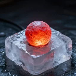 red hot ball of iron on a block of ice, hyper realistic, 8 k