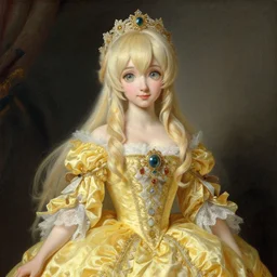 portrait rococo painting of Princess Riliane Lucifen d'Autriche Vocaloid kagamine Rin, yellow ornate dress,  glassy eyes, by Jean‑Honoré Fragonard and Wayne Thiebaud