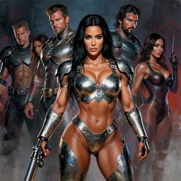 female bodybuilder kim kardashian wearing metal gear armor holding gun dramatic lighting art by brandon anschutz by yoji shinkawa by richard schmid by greg rutkowski by sandra chevrier by jeremy lipking cinematic dramatic brush strokes background