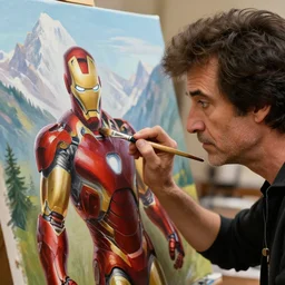a closeup photorealistic photograph of bob ross with a paintbrush, diligently finishing a canvas painting of iron man. mountains and trees. film still. brightly lit scene. this 4 k hd image is trending on artstation, featured on behance, well - rendered, extra crisp, features intricate detail, epic composition and the style of unreal engine.