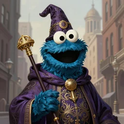 a portrait of the cookie monster as a wizard, upper half portrait, urban motifs, intricate, elegant, highly detailed, digital painting, trending on artstation, concept art, smooth sharp focus, illustration, art by artgerm and greg rutkowski