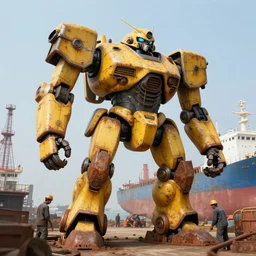 a rusty old yellow colored big humanoid mech robot is helping out workers at chittagong ship breaking yard, matte painting, 8 k, artstation, octane, low camera angle, cinematic composition