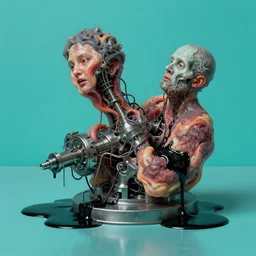 mechanical mitosis, chiaroscuro!, minimalism, sfumato!, flesh bound to metal, loose wires, black oily ooze, hyperrealism, surrealism, realistic cyan shaded lighting, vibrant, cell shaded, reflective surfaces by ilya kuvshinov and gil elvgren and greg rutkowski