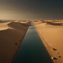 canals on a desert desert, by jean delville and sophie anderson and mandy jurgens, moody atmosphere, cinematic atmospheric, cinematic lighting, golden ratio, perfect composition, elegant, no crop, extremely detailed, 4 k, hd, sharp focus, masterpiece, trending on artstation