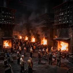 a huge crowd of old - fashioned employees working in the forges of hell on many bizarre metal pieces. the heat of the huge furnaces is insufferable. the walls are covered with big black metal racks. the sky is pitch black