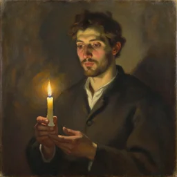 an oil painting of a man holding a lit candle