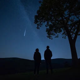 two people watching a meteor shower on a hill with a tree