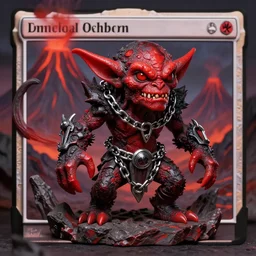 a highly detailed red and black obsidian volcanic goblin, like magic the gathering, goblin chainwalker, with a volcano in the background ” w 7 6 8