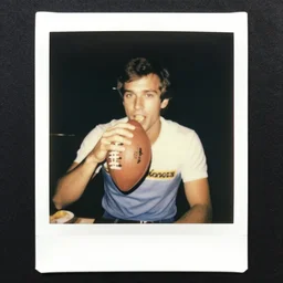 john madden eating a football, eighties polaroid, flash photography, kodachrome