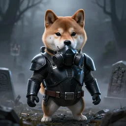 power armor gasmask black armor, anthropomorphic shiba inu, shiba inu face, stuning 3 d render, masterpiece, glowing black aura, foggy dark graveyard, by donato giancola and greg rutkowski and wayne barlow and zdzisław beksinski, realistic face