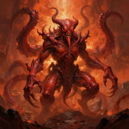 tentacled monster demon in hell, fantasy art painting red orange