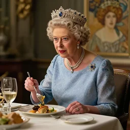 queen elizabeth eating dinner, character sheet, character design, contrast, deep focus, turnaround, highly detailed, dramatic lighting, digital painting, artstation, concept art, matte, sharp focus, illustration, elegant, art by artgerm and greg f and alphonse mucha.