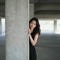 photograph of a woman hiding behind a cement pillar, in an underground liminal space, sigma 85mm f/1.4, 4k, depth of field, high resolution, 4k, 8k, hd, full color