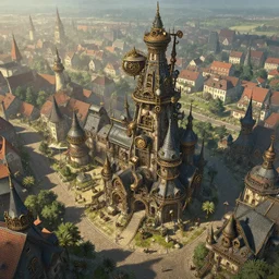close aerial shot of steampunk town in the style of greg rutkowski, artgerm and alphonse mucha, trending on artstation, hyper realistic master piece, no fog, sharp focus, clear