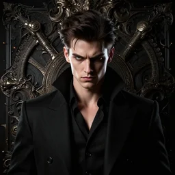 portrait of arrogant powerful young man with black clothes, by greg rutkowski, by zdzislaw beksinski, very detailed, ornate, intricate, octane render, dark color lighting, volumetric lighting, 8 5 mm