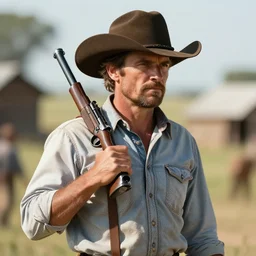 redneck hick in a cowboy hat and shirt with a gun slung over his shoulder, super high quality, high definition, big scene, very detailed, extremely high resolution, hyper realistic, 8 k, fine details, very well lit, hyper realistic rendering, by greg rutkowski