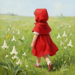 painting of little red riding hood walking through a meadow of datura flowers, realistic