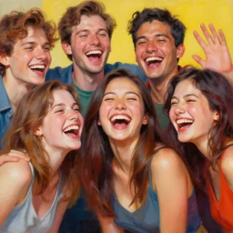 amazing beautiful hyper - detailed photorealistic painting of a group of friends laughing together. the colors are very vibrant and the people in the photo look very happy and beautiful. vibrant colors, very funny, personal, positive, visually pleasing, engaging and contains humans. high resolution. high quality. hq hd. trending on artstation.