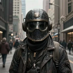 a dreary realism portrait of masked diesel punk helmet on the art deco streets of the big city, artstation, award - winning realistic sci - fi concept art by jim burns and greg rutkowski, beksinski, a realism masterpiece, muted color palette, james gilleard, bruegel, alphonse mucha, and yoshitaka amano