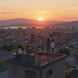teen standing on the roof of a building, sunset, bird eye view, illustration, by pine ( ハイネ ) and 薯 子 imoko and 香 川 悠 作 and wlop and maya takamura, highly detailed, trending artstation, pixiv, digital art