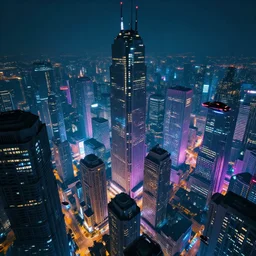 cyberpunk city, sprawling heights, neon lights and flying cars