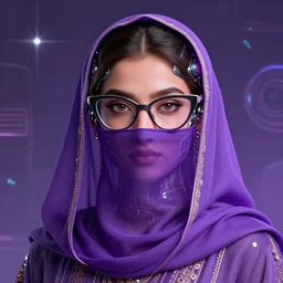 retrofuturistic portrait of a beautiful cute hyderabadi woman with cateye glasses and purple niqab minimal bionic, space graphics in background, close up, quint buchholz, wlop, dan mumford, artgerm, liam brazier, peter mohrbacher, raw, featured on artstation, octane render, cinematic, elegant, intricate, 8 k