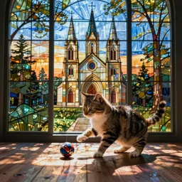 a cat plays with a ball, church glass painting,