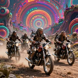 psychedelic post apocalyptic orcish biker gang, sharp focus, psychedelic colors, boris vallejo, michael whelan