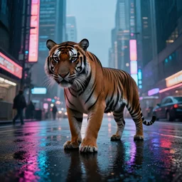 a high quality low wide angle photo of a tiger on the streets of a cyberpunk city, rainy, reflective ground, neon lights, realism, 8k