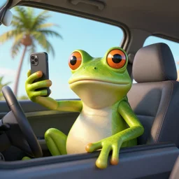 frog taking a selfie inside a car, palm trees, 3 d render, octane render, unreal engine, hyper detailed