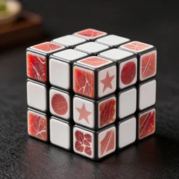 rubik's cube made of types of meat, michelin star restaurant, 4K photo