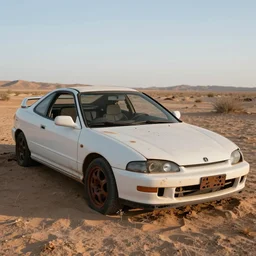 a wrecked 2 0 0 1 acura integra type r, abandoned in a desert, dusty, damaged, some rust