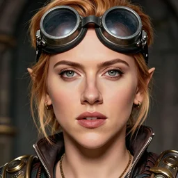 head and shoulders portrait, female artificer, gray eyes, welding goggles on forehead, scarlett johansson, emily blunt, elf, d & d, steampunk, by donato giancola, facial detail, extremely detailed, comic book cover photo