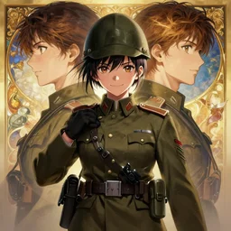 symmetry!! portrait of an smiling enigmatic anime girl wwi soldier, anime, highly detailed, dynamic lighting, digital art, digital painting, artstation, wlop, sharp focus, illustration, art by artgerm and greg rutkowski and alphonse mucha, 8 k