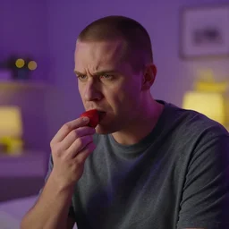 a concerned man with a buzzcut eating strawberries in a purple room with yellow lights, medium shot, bokeh