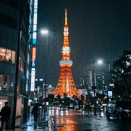 neo tokyo at night, heavy rain, high quality, by Kirokaze