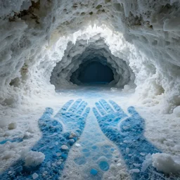 sea cave of white crystals, wide shot, naturalistic floor made of blue ocean shaped like hands, highly complex, cinematic, atmospheric