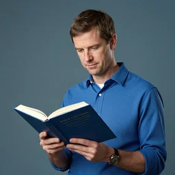 color studio photo of larry page reading a book