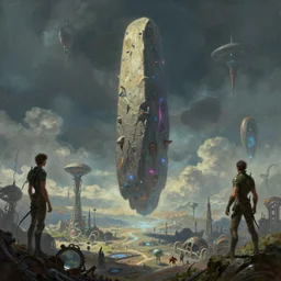 pulp fantasy concept art painting of an alien monolith hovering over alien civilization, by greg rutkowski and james gurney