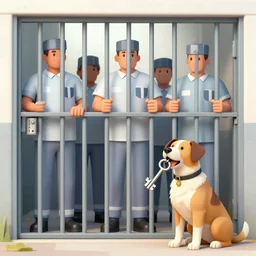 prisoners inside the cell holding bars, a dog sitting outside the cell holding a big key in the mouth