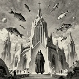 centered portrait of illustration, imposing futuristic church ( amazing architecture ) man wearing in cloak, detailed fish flying through the sky, wires leaving the church, awesome scheme, intrincate, volumetric, art by jean giraud and moebius