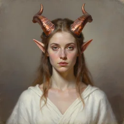 A head-on, symmetrical, head and shoulders detailed oil portrait of an elf woman with small horns of copper wearing a simple white robe, by greg rutkowski, trending on artstation, dungeon and dragons art