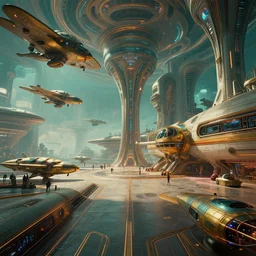 cinematic still of hyper detailed realistic afro futurist spaceport designed by frank lloyd wright architect, retro flying aircraft cyborgs, deep perspective, wide angle, insanely detailed and intricate, teal gold and orange color scheme,