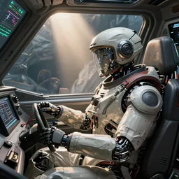 cyborg pilot, cockpit interior, sci - fi, wired to commands, hyperdetailed, cinematic lights by john harris