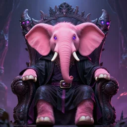 a realistic antropomorphic pink elephant dressing necromancer clothes sited in a xenomorphic throne with glow neon eyes, finely detailed, 4 k, photorealistic, cycles engine,