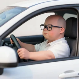 A white man with dwarfism and glasses driving a car