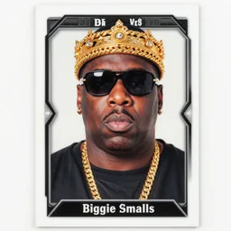 trading card featuring portrait of notorious big wearing gold rope chain crown and sunglasses, with symmetrical attributes, biggie smalls rap music trading card, style of rembrandt